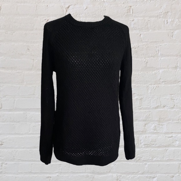 Black Perfect Pullover Crew Neck Sweater Waffle Knit Fall Cozy Lounge - Picture 1 of 16
